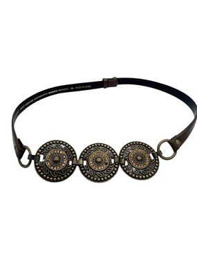 Chico’s Western Leather Belt Brown Bronze Concho Medallion Statement Sz SM